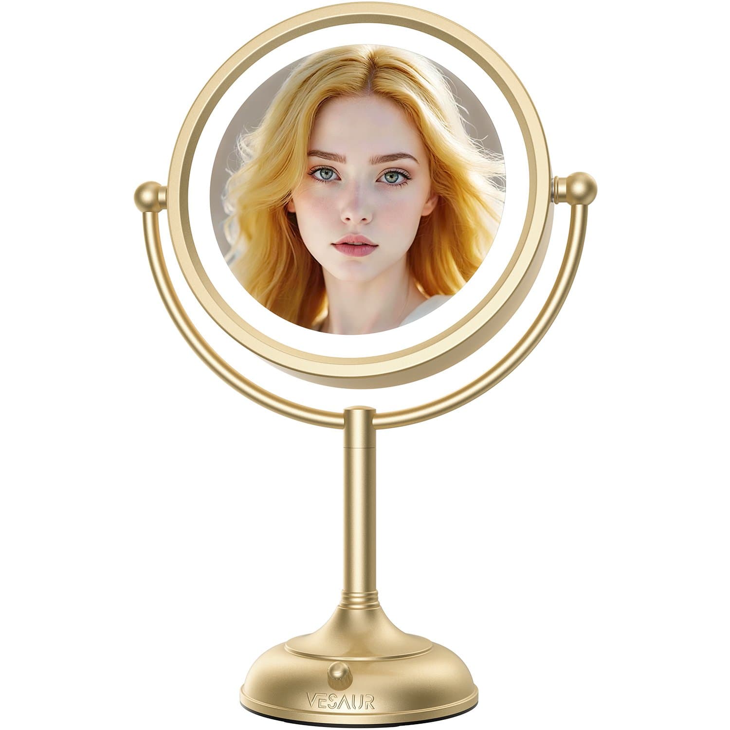 Professional 8.5" Large Lighted Makeup Mirror with Brighter Lights, 1X/10X True HD Magnifying Mirror with 3 Color Dimmable Lights, 90 Shadowless LEDs, 360°Swivel Seamless Vanity Mirror, Gold Nickel