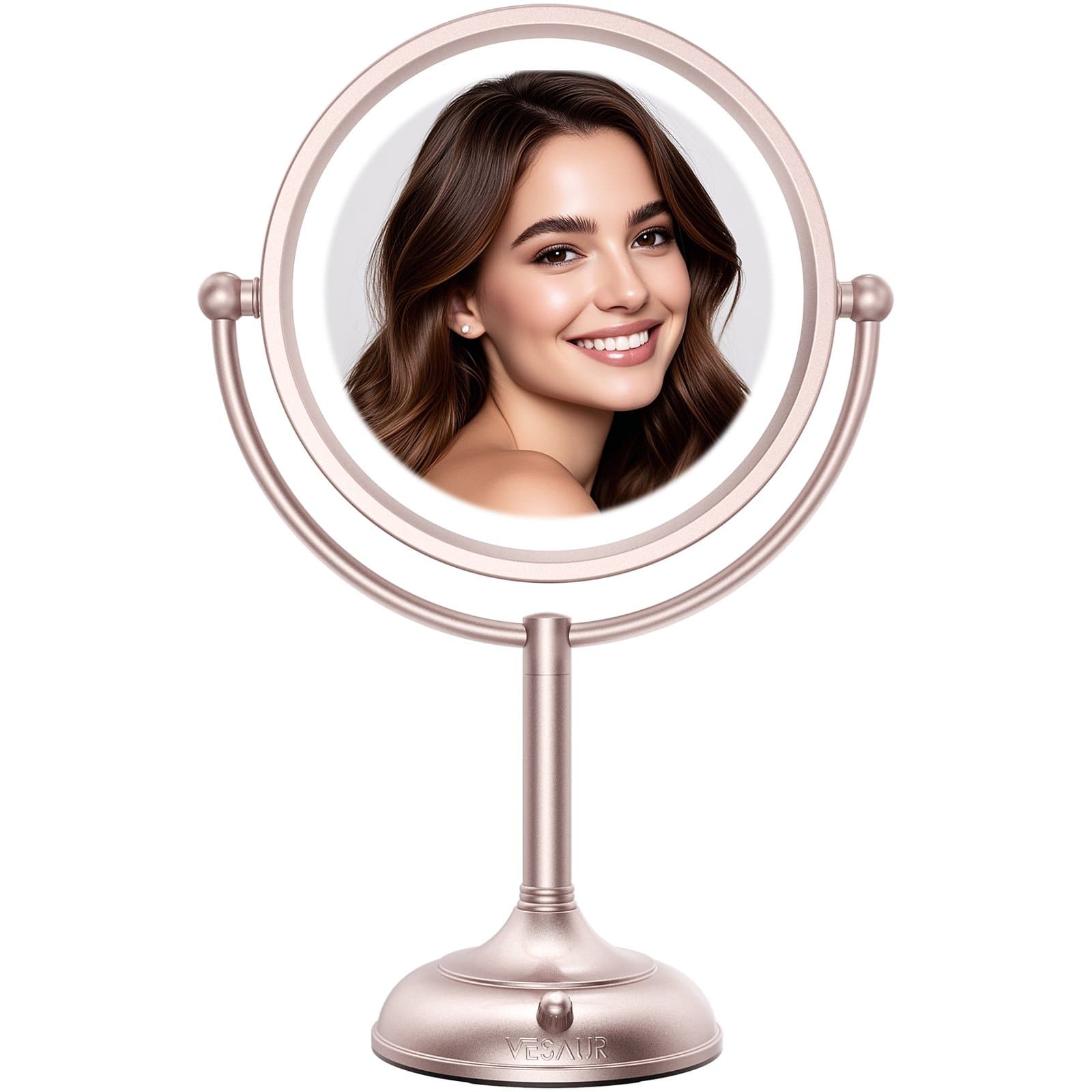 Professional 8.5" Large Lighted Makeup Mirror with Brighter Lights, 1X/10X True HD Magnifying Mirror with 3 Color Dimmable Lights, 90 Shadowless LEDs,360°Swivel Seamless Vanity Mirror,Rose Gold Nickel