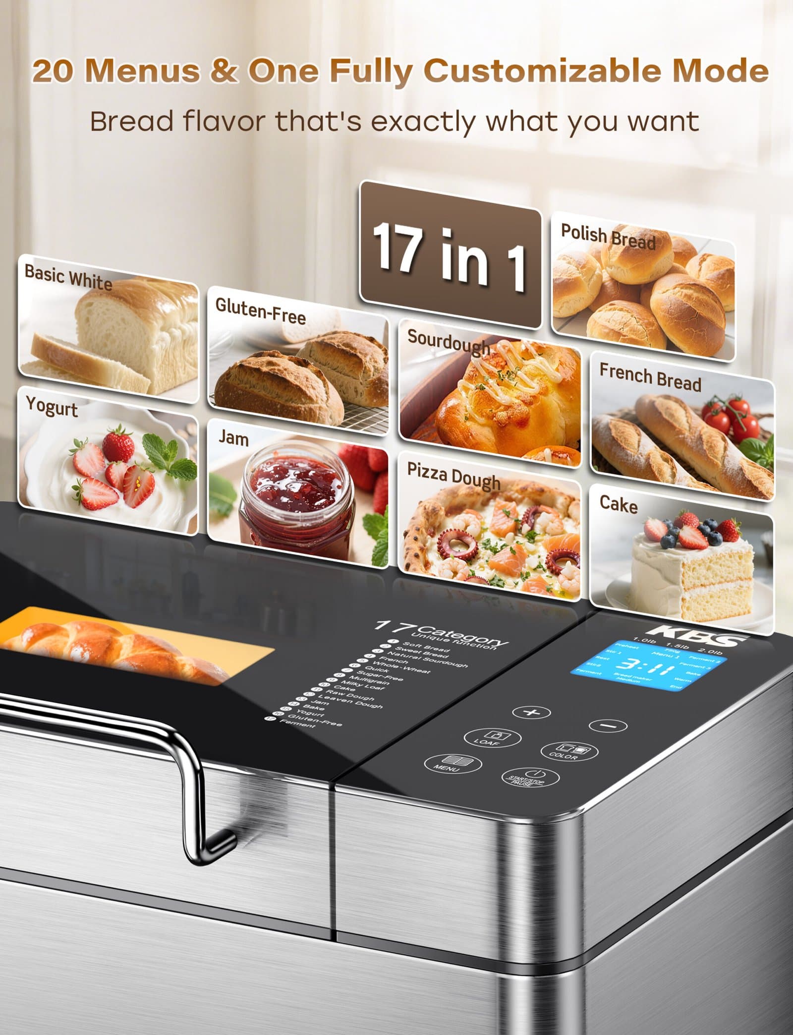 KBS KBS Pro 710W 2LB Bread Maker, Stainless Steel 17-in-1 Smart Bread Machine with Healthy Ceramic Pan, Automatic Nut Dispenser, Tempered Glass Touch Panel, 3 Crust Colors, 15H Timer& Keep-Warm, Recipes - Bread Makers