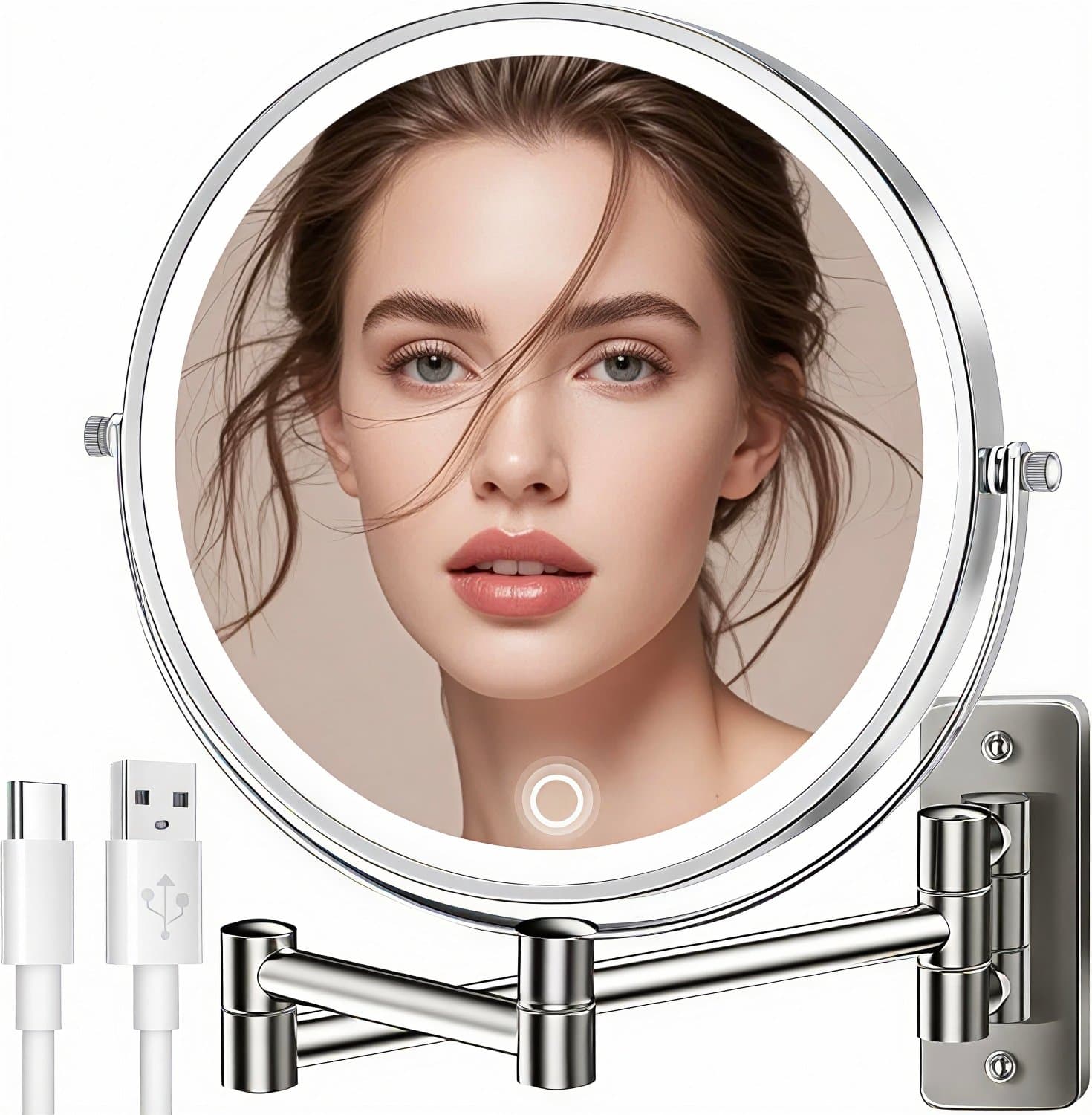 KBS 9" Large Wall Mounted Lighted Makeup Mirror, 5000mAh Rechargeable 1X/15X Magnifying Mirror with 3 Color Lights Touch Dimmable, Extended Arm 360° Swivel Bathroom Wall Mounted Makeup Mirror, Nickel - ⚡【5000mAh Type-C Rechargeable Long-Lasting & Energy Saving】Vesaur Rechargeab
