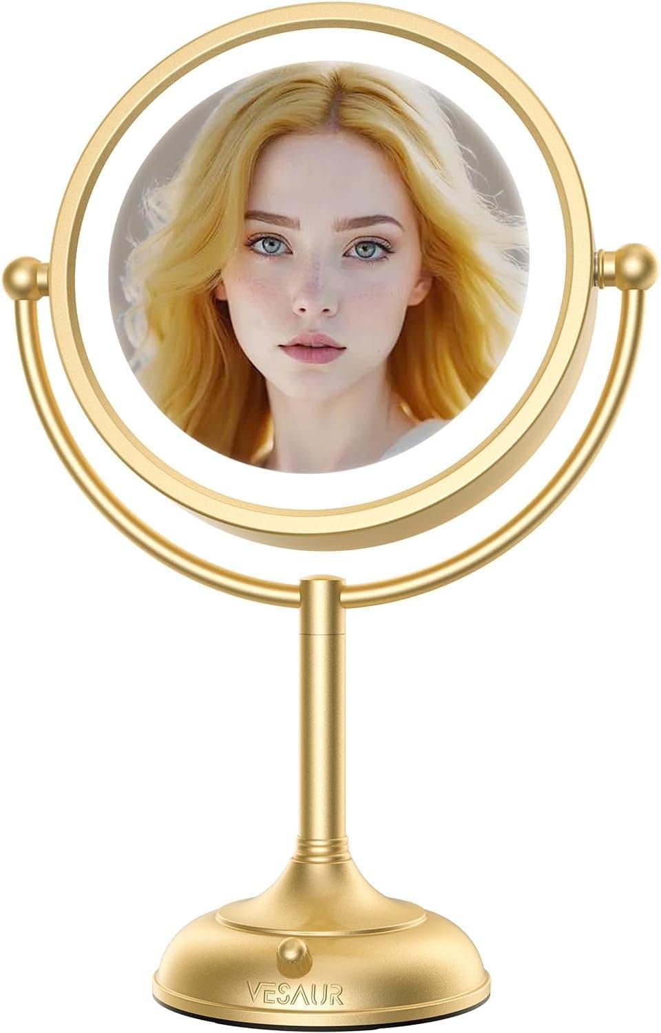 KBS Gold Lighted Makeup Mirror 1X/10X – VESAUR D8512-GGP-Gold - Gold Lighted Makeup Mirror for Daily PrecisionGold lighted makeup mirror improve